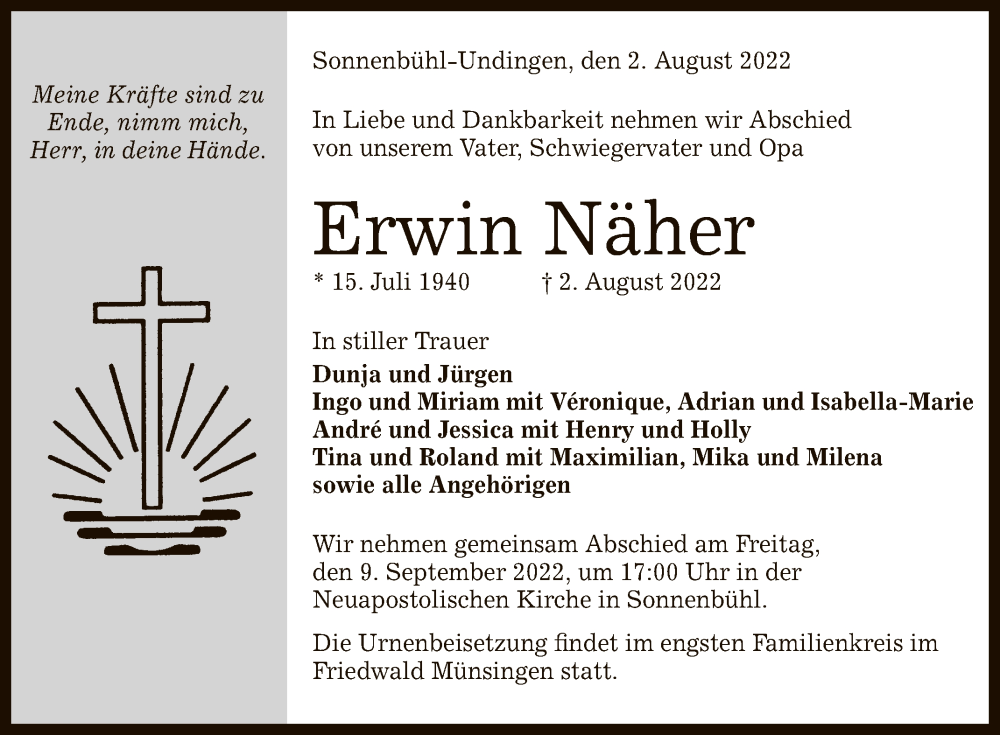  Traueranzeige für Erwin Näher vom 06.08.2022 aus Reutlinger General-Anzeiger