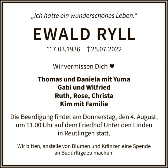 Anzeige von Ewald Ryll von Reutlinger General-Anzeiger