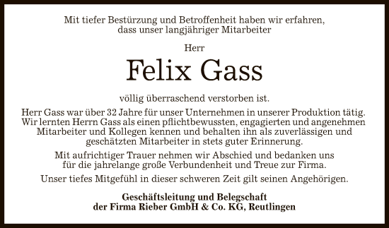 Anzeige von Felix Gass von Reutlinger General-Anzeiger
