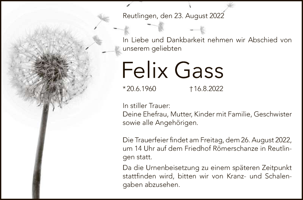  Traueranzeige für Felix Gass vom 23.08.2022 aus Reutlinger General-Anzeiger