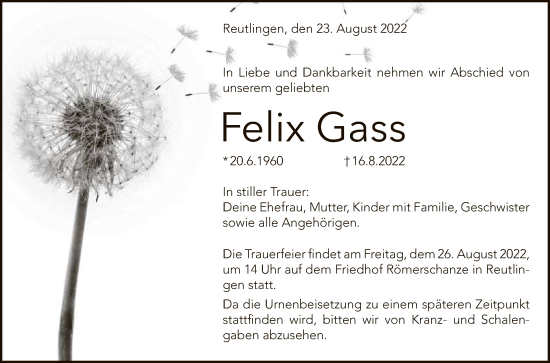 Anzeige von Felix Gass von Reutlinger General-Anzeiger