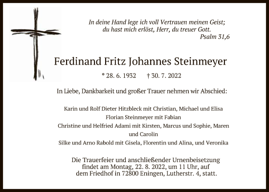 Anzeige von Ferdinand Steinmeyer von Reutlinger General-Anzeiger