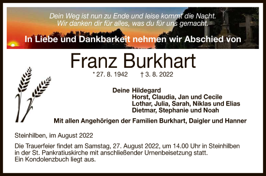 Anzeige von Franz Burkhart von Reutlinger General-Anzeiger