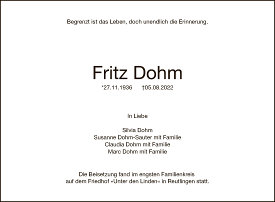 Anzeige von Fritz Dohm von Reutlinger General-Anzeiger