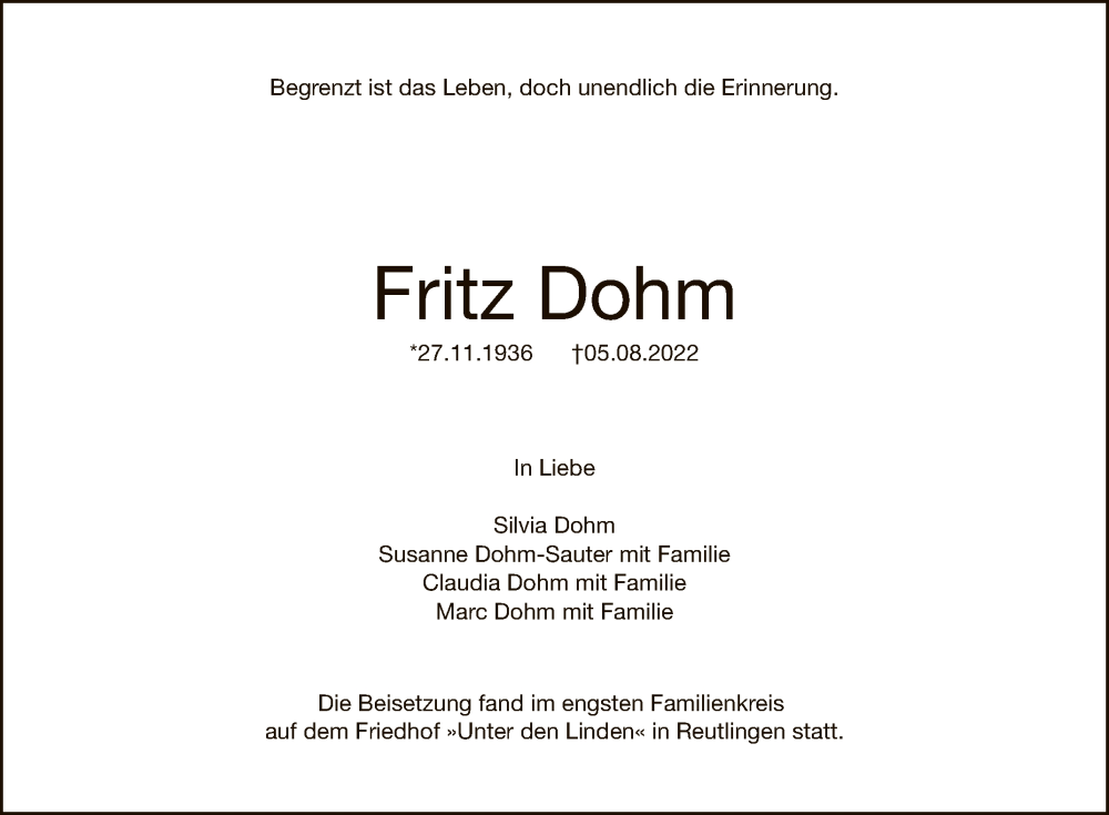  Traueranzeige für Fritz Dohm vom 13.08.2022 aus Reutlinger General-Anzeiger