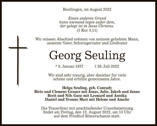 Anzeige von Georg Seuling von Reutlinger General-Anzeiger