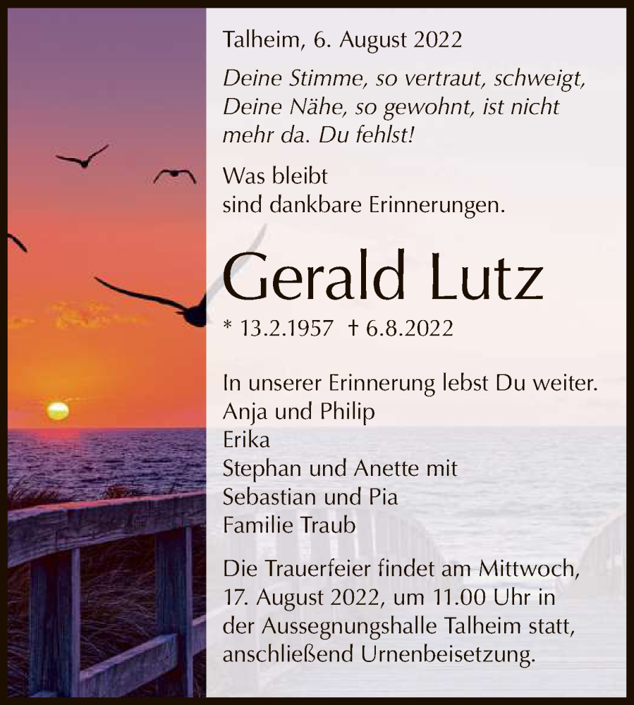  Traueranzeige für Gerald Lutz vom 12.08.2022 aus Reutlinger General-Anzeiger