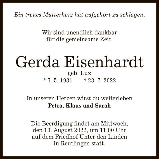 Anzeige von Gerda Eisenhardt von Reutlinger General-Anzeiger