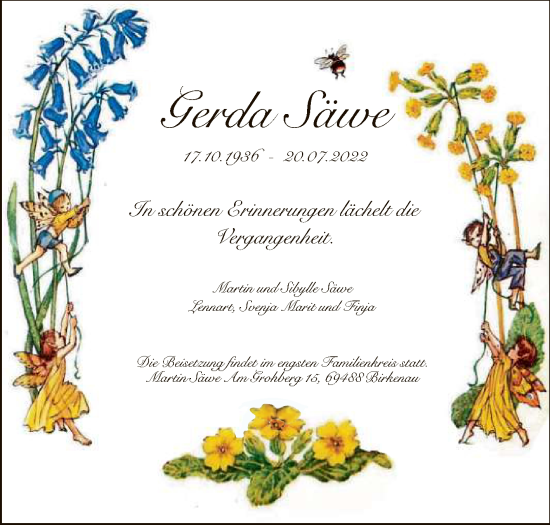 Anzeige von Gerda Säwe von Reutlinger General-Anzeiger