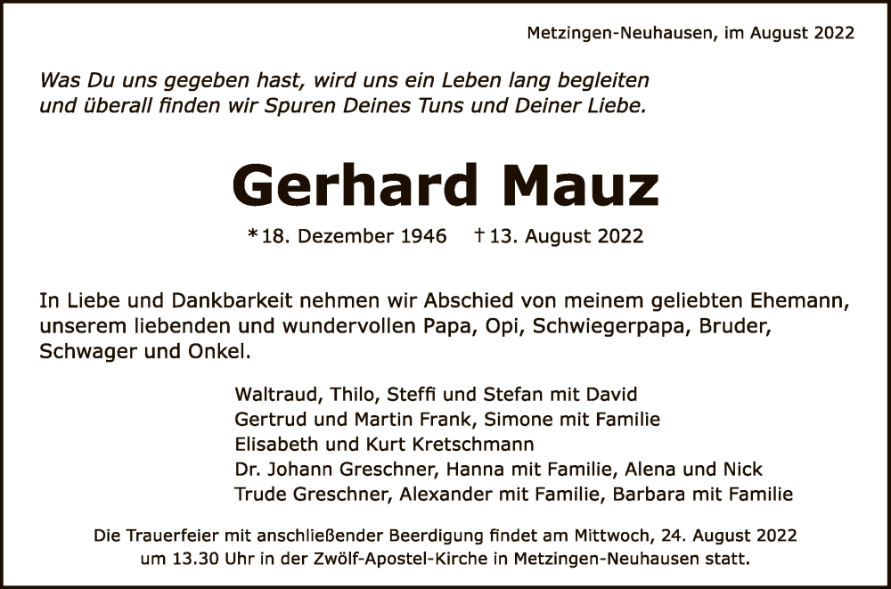  Traueranzeige für Gerhard Mauz vom 20.08.2022 aus Reutlinger General-Anzeiger