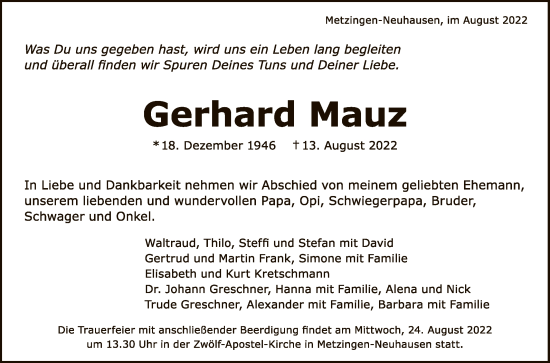 Anzeige von Gerhard Mauz von Reutlinger General-Anzeiger