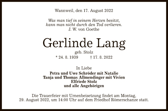 Anzeige von Gerlinde Lang von Reutlinger General-Anzeiger