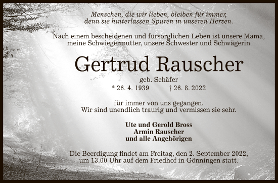 Anzeige von Gertrud Rauscher von Reutlinger General-Anzeiger
