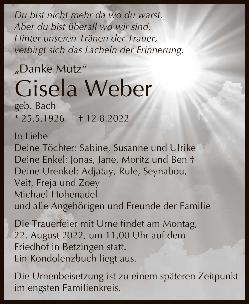  Traueranzeige für Gisela Weber vom 19.08.2022 aus Reutlinger General-Anzeiger