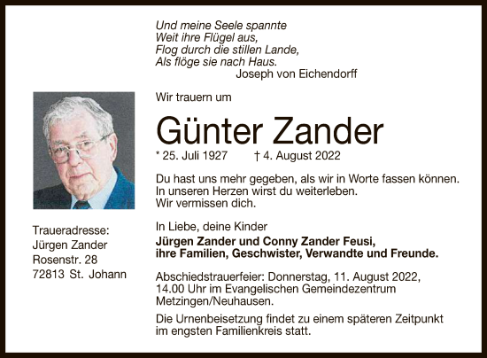 Anzeige von Günter Zander von Reutlinger General-Anzeiger