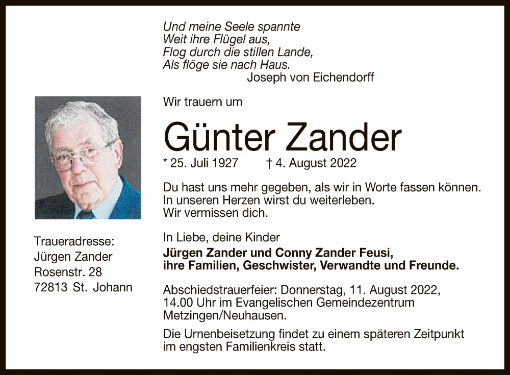  Traueranzeige für Günter Zander vom 09.08.2022 aus Reutlinger General-Anzeiger