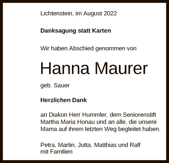 Anzeige von Hanna Maurer von Reutlinger General-Anzeiger