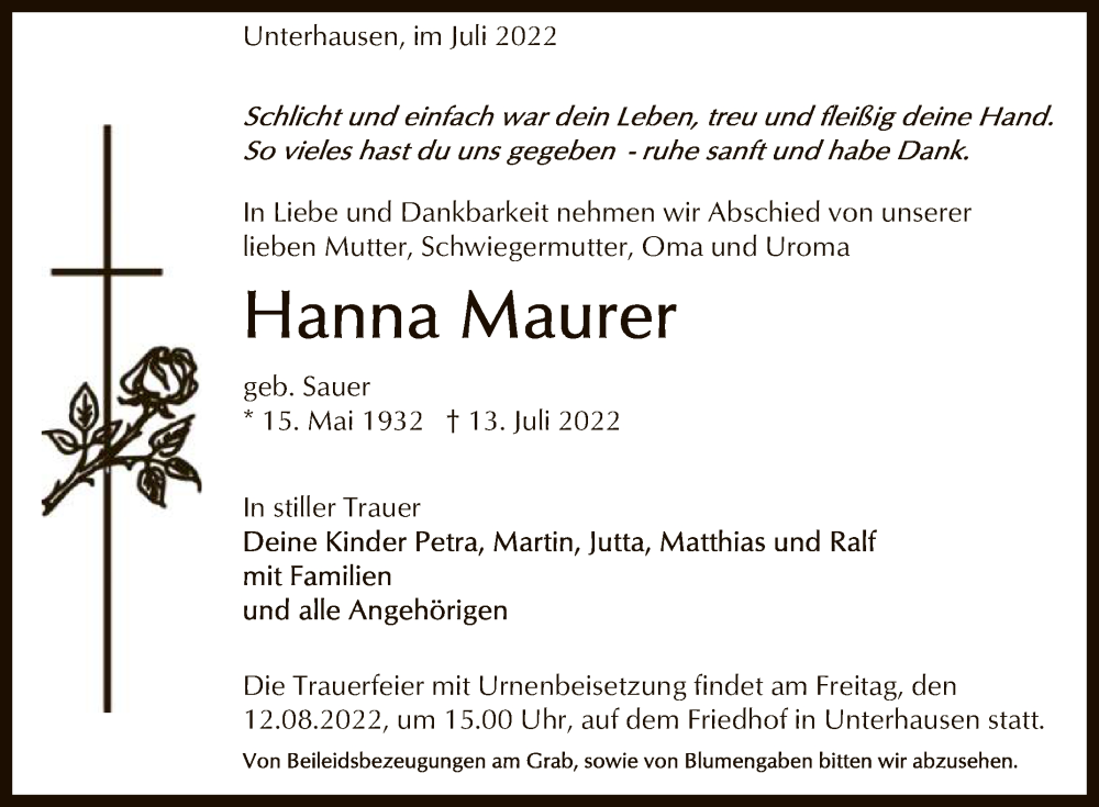  Traueranzeige für Hanna Maurer vom 06.08.2022 aus Reutlinger General-Anzeiger
