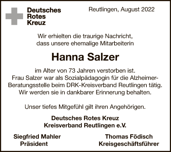 Anzeige von Hanna Salzer von Reutlinger General-Anzeiger
