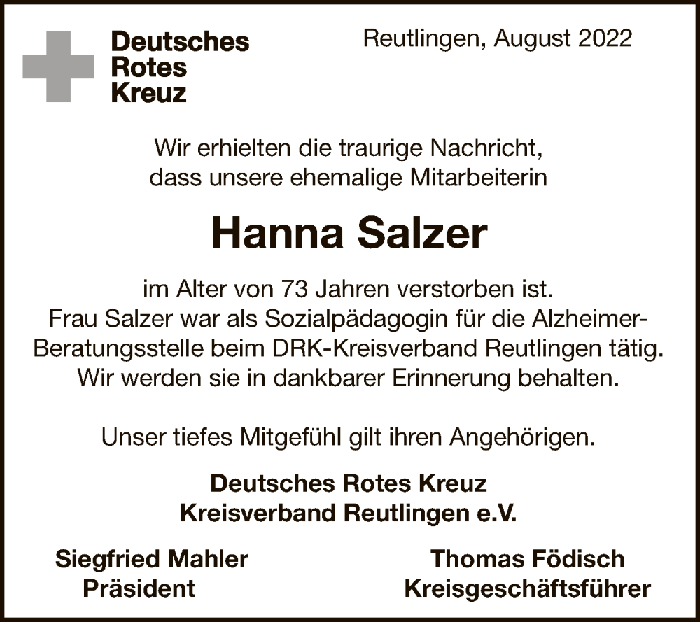  Traueranzeige für Hanna Salzer vom 13.08.2022 aus Reutlinger General-Anzeiger