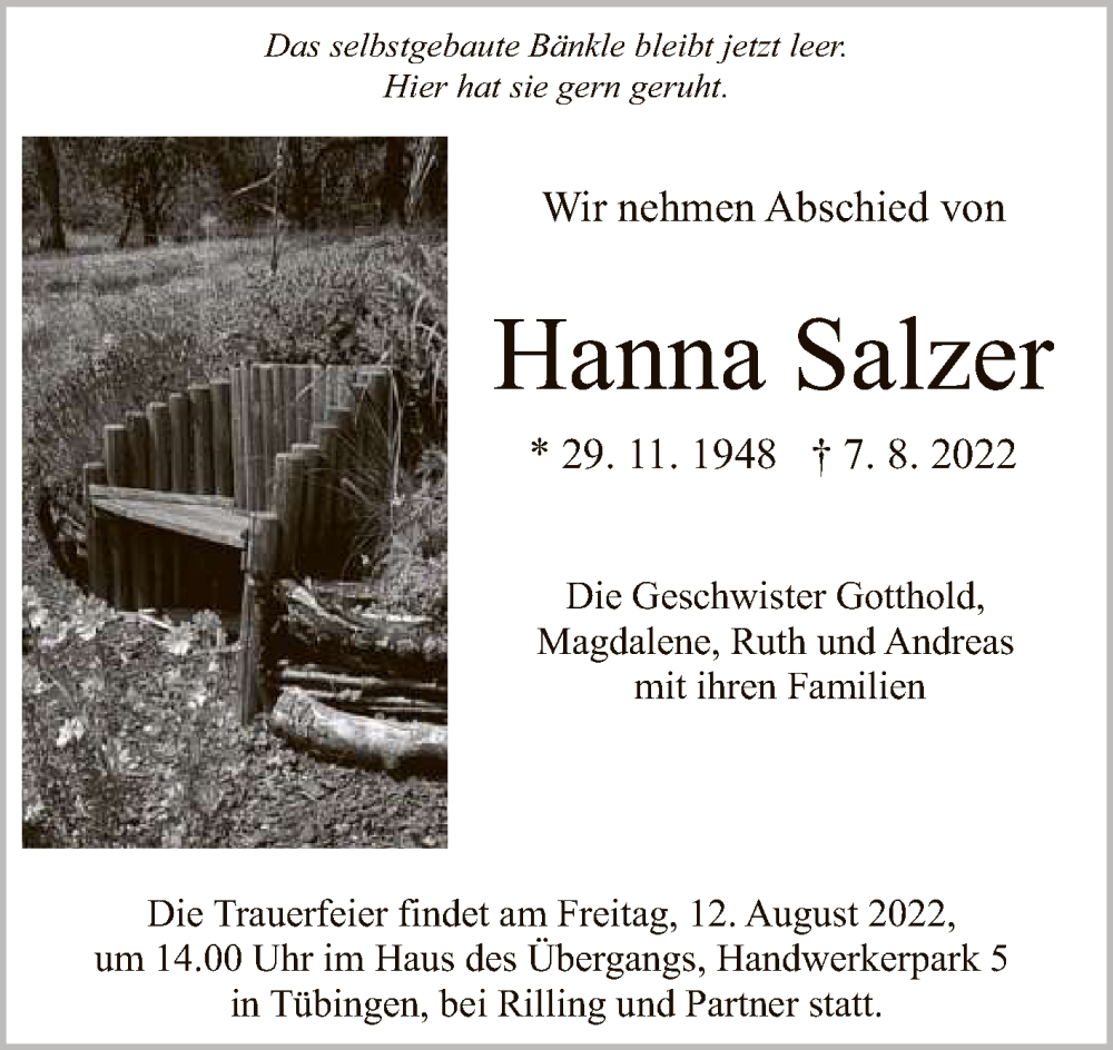  Traueranzeige für Hanna Salzer vom 10.08.2022 aus Reutlinger General-Anzeiger