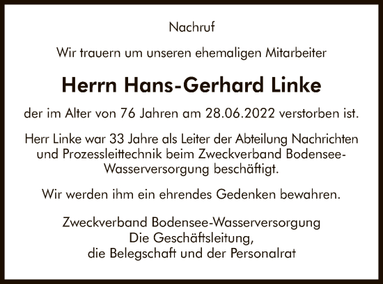 Anzeige von Hans-Gerhard Linke von Reutlinger General-Anzeiger