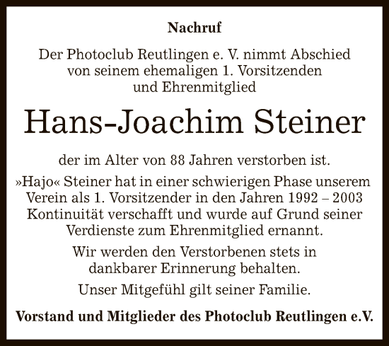 Anzeige von Hans-Joachim Steiner von Reutlinger General-Anzeiger