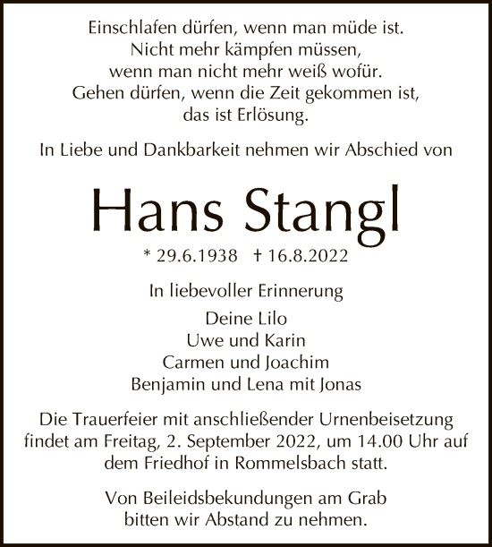 Anzeige von Hans Stangl von Reutlinger General-Anzeiger
