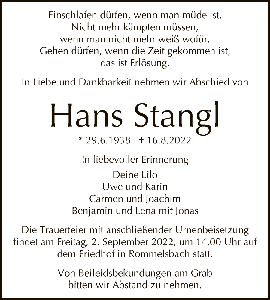  Traueranzeige für Hans Stangl vom 27.08.2022 aus Reutlinger General-Anzeiger