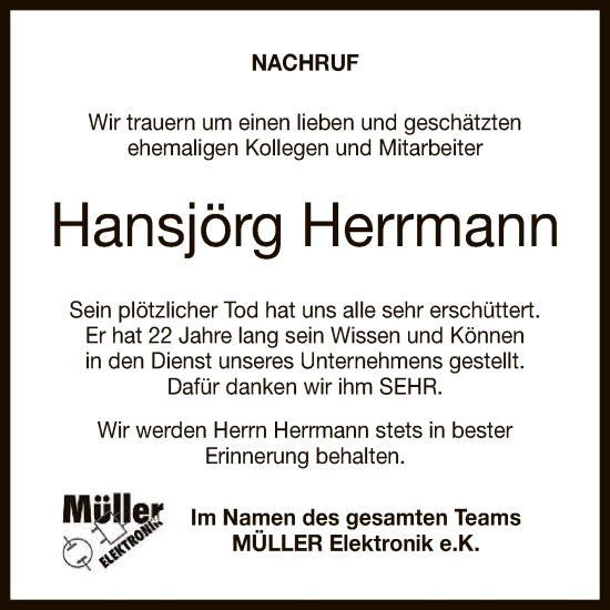 Anzeige von Hansjörg Herrmann von Reutlinger General-Anzeiger