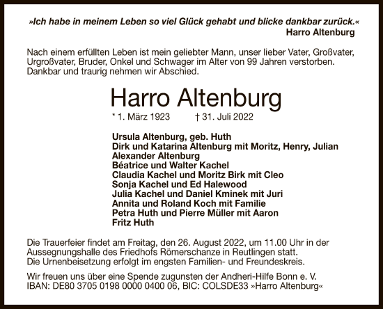 Anzeige von Harro Altenburg von Reutlinger General-Anzeiger