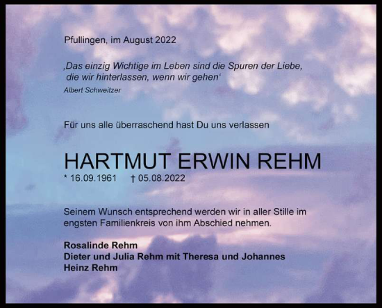 Anzeige von Hartmut Erwin Rehm von Reutlinger General-Anzeiger