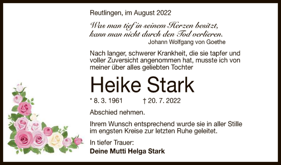 Anzeige von Heike Stark von Reutlinger General-Anzeiger