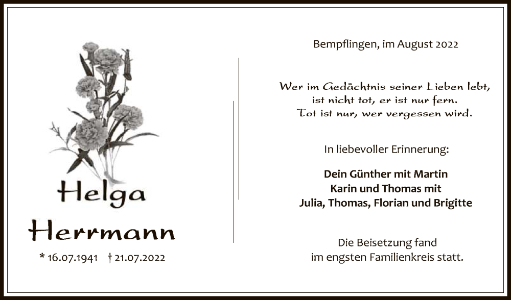  Traueranzeige für Helga Herrmann vom 06.08.2022 aus Reutlinger General-Anzeiger