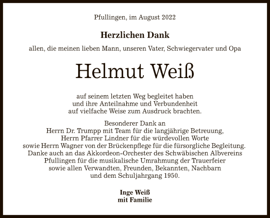 Anzeige von Helmut Weiß von Reutlinger General-Anzeiger