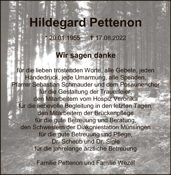 Anzeige von Hildegard Pettenon von Reutlinger General-Anzeiger