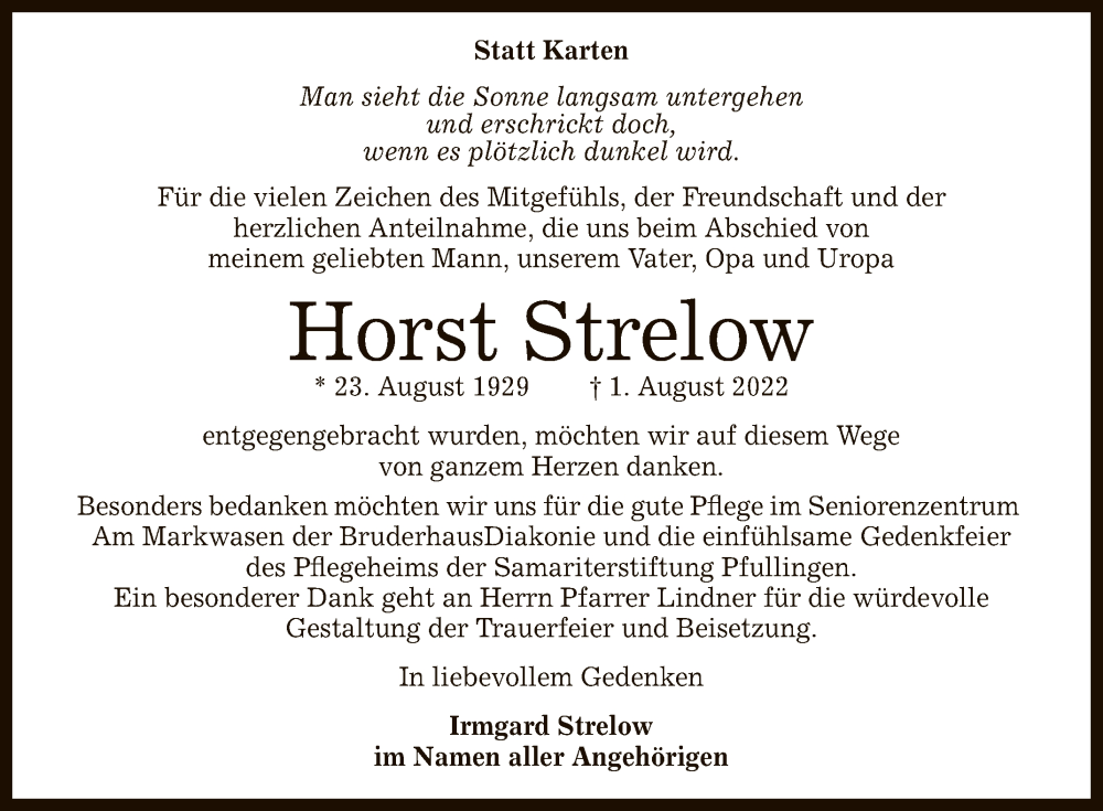  Traueranzeige für Horst Strelow vom 20.08.2022 aus Reutlinger General-Anzeiger