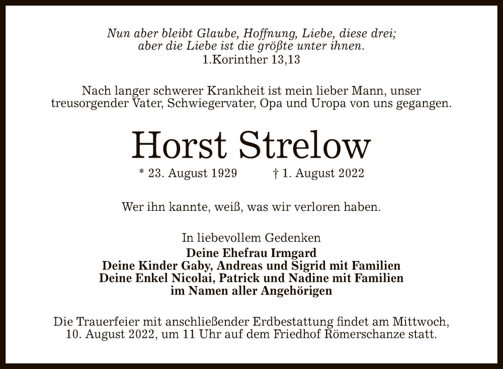  Traueranzeige für Horst Strelow vom 06.08.2022 aus Reutlinger General-Anzeiger