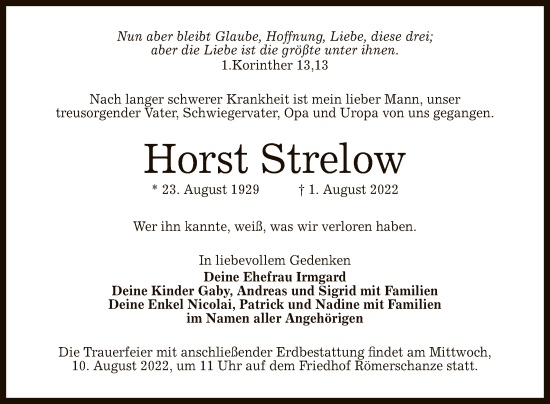 Anzeige von Horst Strelow von Reutlinger General-Anzeiger