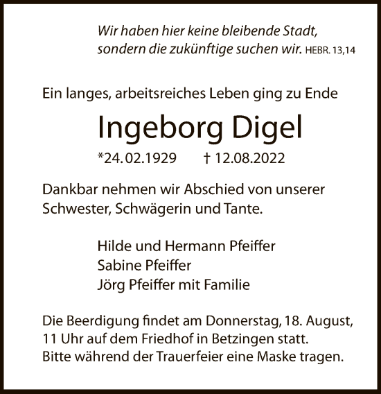 Anzeige von Ingeborg Digel von Reutlinger General-Anzeiger