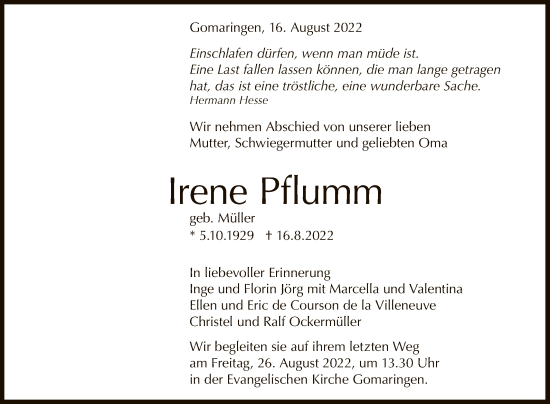 Anzeige von Irene Pflumm von Reutlinger General-Anzeiger