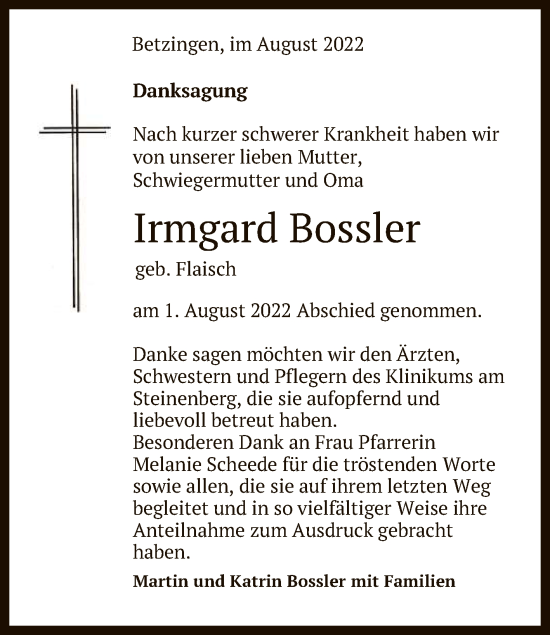 Anzeige von Irmgard Bossler von Reutlinger General-Anzeiger