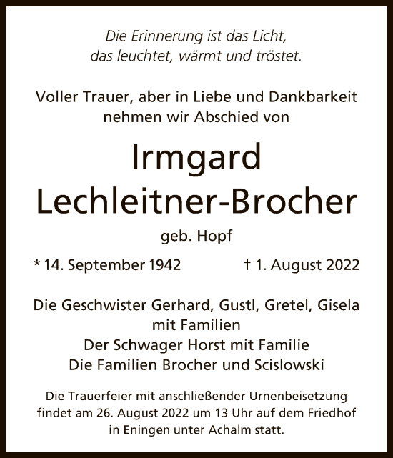 Anzeige von Irmgard Lechleitner-Brocher von Reutlinger General-Anzeiger