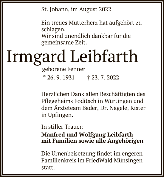 Anzeige von Irmgard Leibfarth von Reutlinger General-Anzeiger