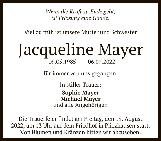 Anzeige von Jacqueline Mayer von Reutlinger General-Anzeiger