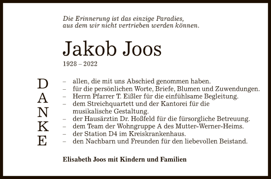 Anzeige von Jakob Joos von Reutlinger General-Anzeiger