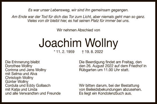 Anzeige von Joachim Wollny von Reutlinger General-Anzeiger