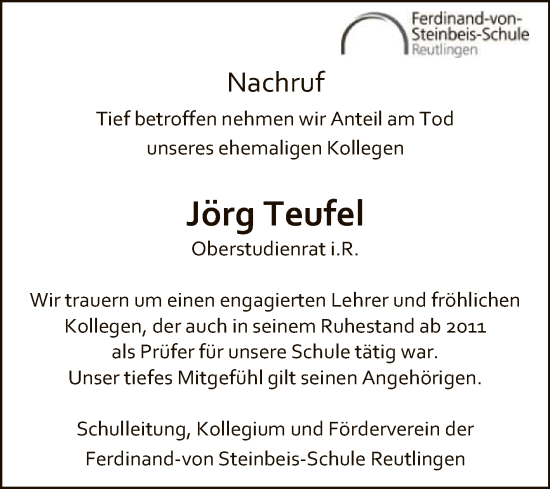Anzeige von Jörg Teufel von Reutlinger General-Anzeiger