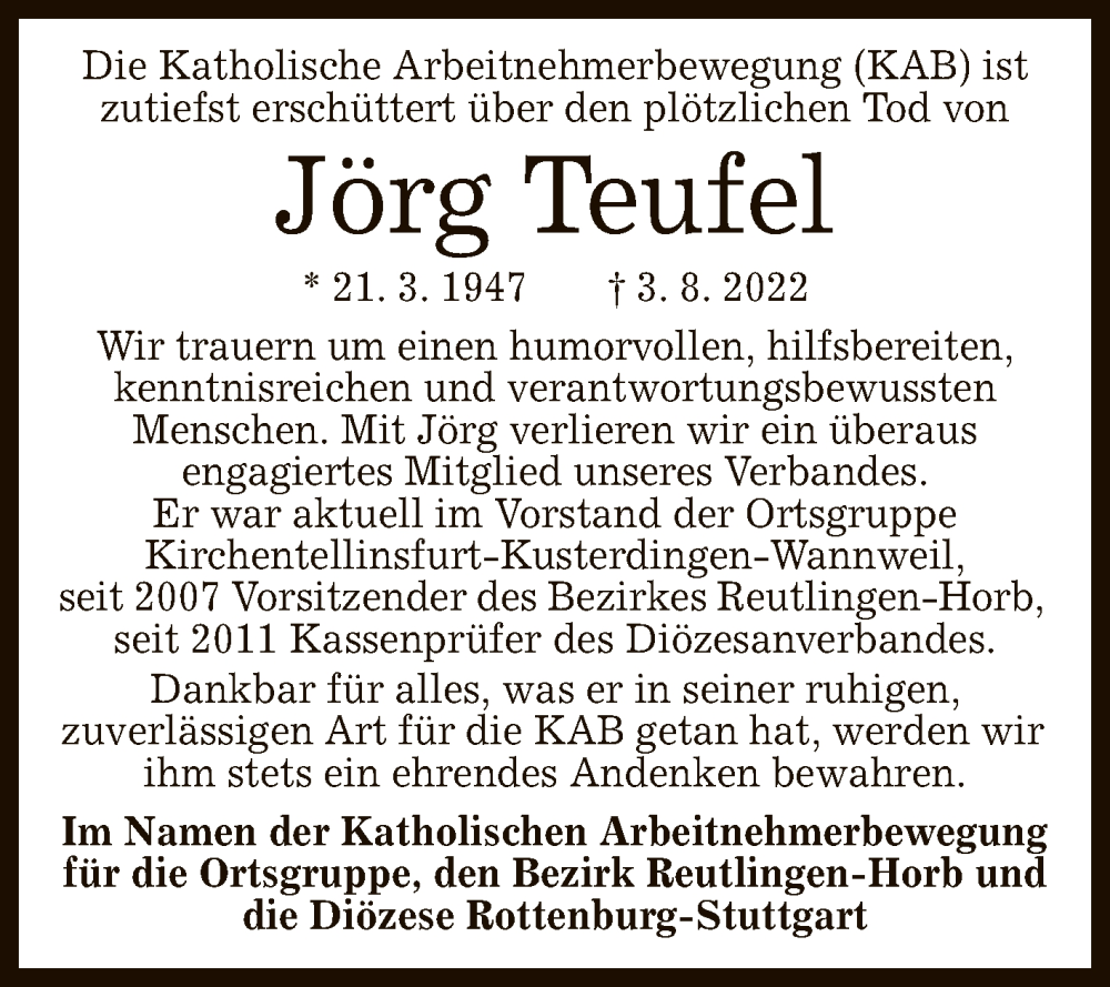  Traueranzeige für Jörg Teufel vom 13.08.2022 aus Reutlinger General-Anzeiger