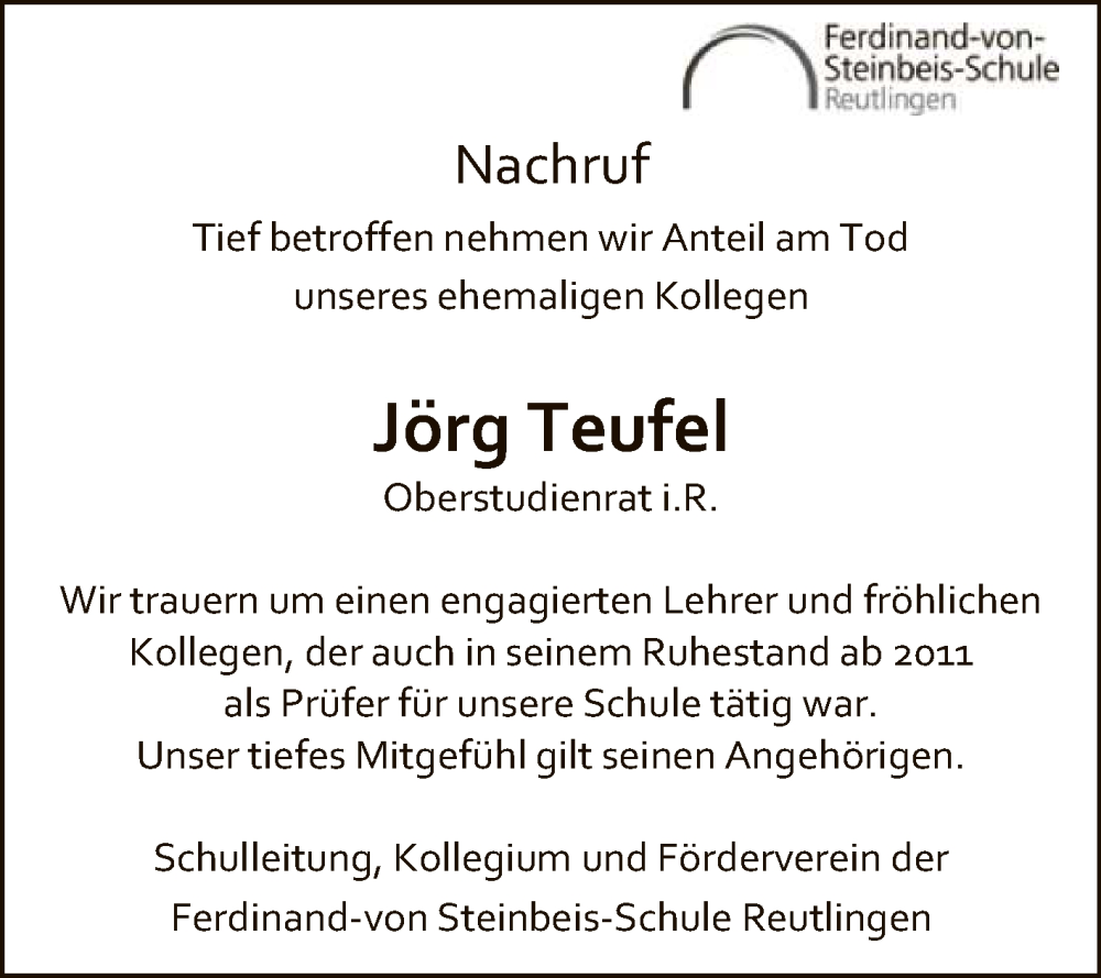  Traueranzeige für Jörg Teufel vom 13.08.2022 aus Reutlinger General-Anzeiger